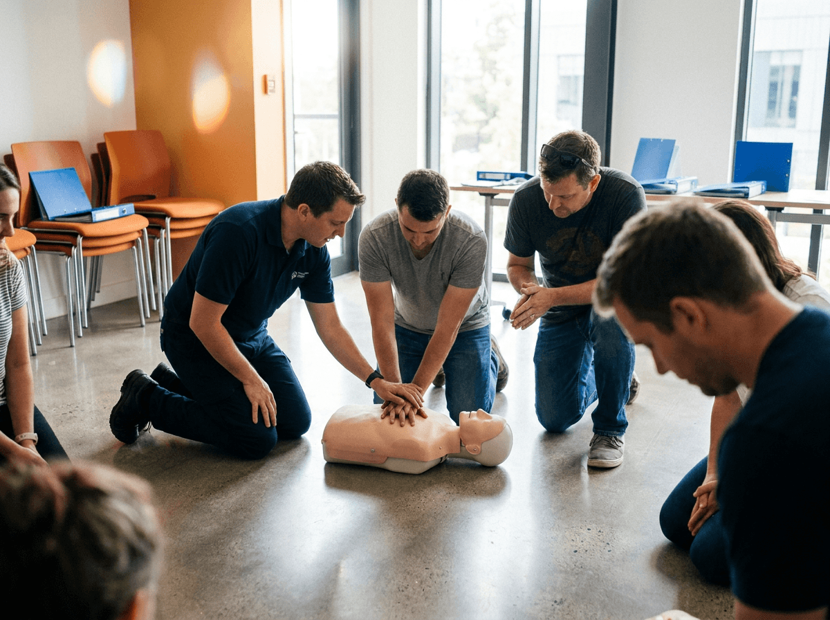 İlk yardım eğitiminde manken üzerinde CPR uygulaması yapan katılımcılar