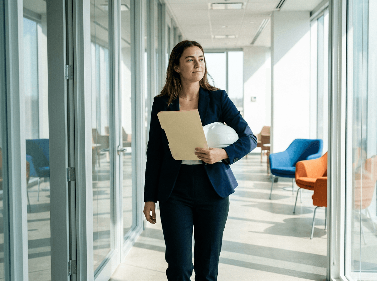 İş güvenliği uzmanlığı kariyerine başlayan genç bir profesyonel, modern ofis koridorunda