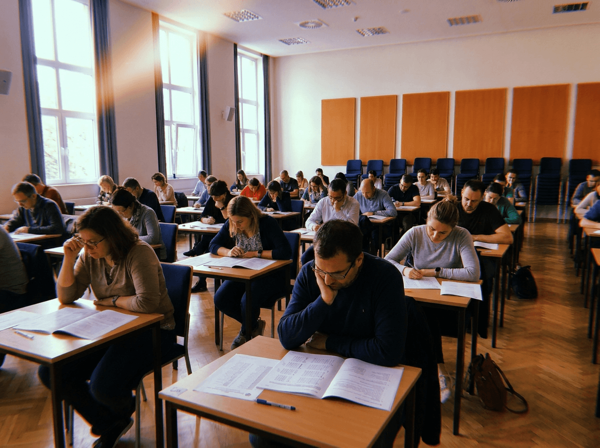 İş güvenliği uzmanlığı sınavına giren adaylar, düzenli sıralı bir sınav salonunda